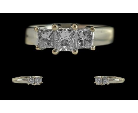 Ladies - 18ct White Gold 3 Stone Diamond Set Ring, Full Hallmark to Interior of Shank. The Well Matched Prince Cut Diamonds o