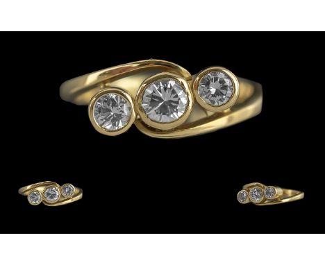 Ladies Good Quality 18ct Gold 3 Stone Diamond Set Ring, marks rubbed tests 18ct - 750.  The pavee set diamonds of good colour