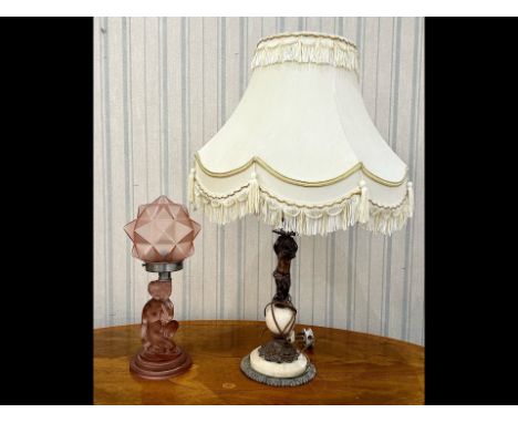 Two Vintage Lamps, comprising a pink glass lamp with a figure supporting a glass shade, 16'' height approx.  Together with a 