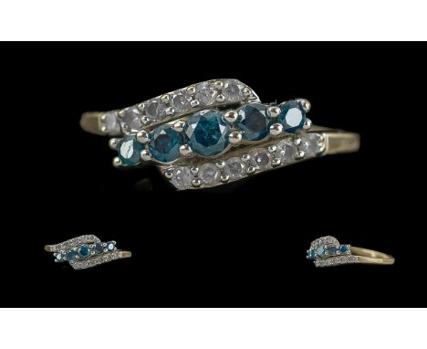 Ladies Pleasing Quality 9ct White Gold Contemporary Diamond &amp; Sapphire Set Dress Ring - Full Hallmark To Shank. The Cornf