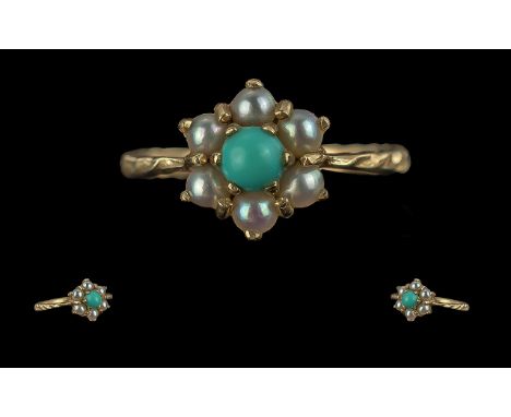 Ladies 9ct Gold Attractive Turquoise Stone and Seed Pearl Set Cluster Ring, with flower head setting, marked to interior of s