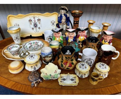 Two Boxes of Miscellaneous Pottery, to include dressing table set, Toby jugs, biscuit barrel, silver plated candlesticks, rus