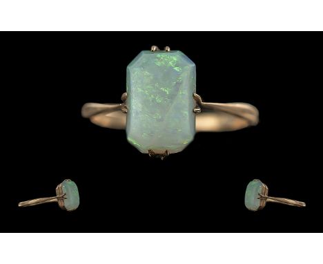 Ladies 9ct Gold - Single Stone Opal Set Ring, Marked 9ct to Shank. The Opal of Good Colours, Est 2.00 cts, Ring Size P. Weigh