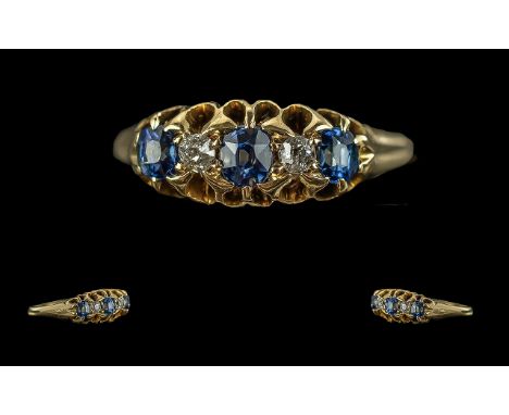 Antique Period Ladies 18ct Gold Attractive Gallery Set Sapphire and Diamond Set Ring, Marked 18ct to Interior of Shank. Sapph