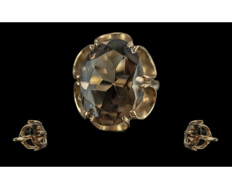 Ladies 9ct Gold - Pleasing Large Single Stone Smoky Topaz Set Ring, Full hallmark to interior of shank, Smoky Topaz of pleasi