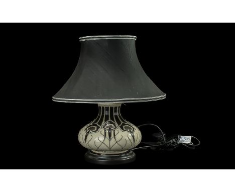  Modern Moorcroft Table Lamp, shape 32/8, Peacock Black &amp; White design, raised on a turned wooden base.  Lamp measures ap