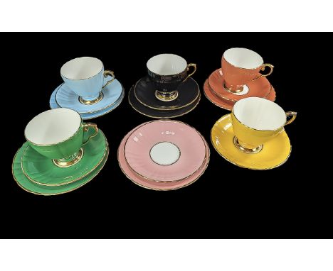 Set of Bone China Cups, Saucers &amp; Side Plates, 'Edwardian', various colours with 22ct decoration, comprising five cups, f