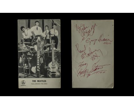 Beatles Interest - Parlophone Publicity Card With Autographs - All 4 Autographs on Reverse. John Lennon, George Harrison, Pau