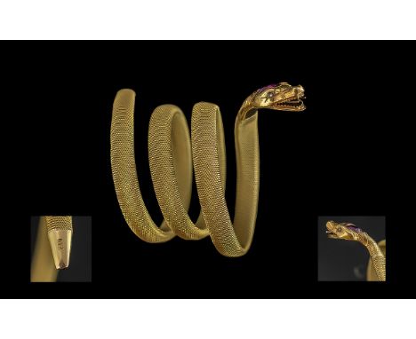 Antique Period Stunning Superb 15ct Gold Realistic Expanding Coiled Snake Bangle.  The snake's head set with a large Ruby and