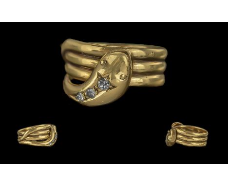 Edwardian Period 1901 - 1910 18ct Gold Diamond Set Heavy Snake Ring. Full Hallmark for Chester 1909 to Interior of Shank. Rin