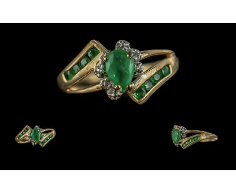 Ladies - Attractive 9ct Gold Emerald and Diamond Set Ring. Full Hallmark to Interior of Shank. The Emeralds of Very Good Colo