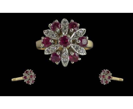 Ladies Pleasing 9ct Gold Ruby and Diamond Set Dress Ring - Flowerhead Setting. Full Hallmark To Interior Of Shank. Rubies and