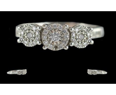 Ladies Attractive 9ct White Gold 3 Cluster Design Diamond Set Ring - Marked 9ct To Interior Of Shank. The Well Matched Diamon