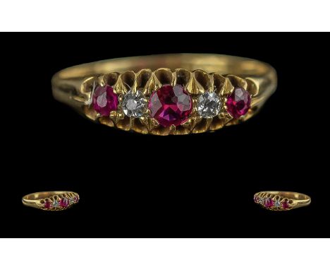 George V Period Pleasing Ladies 18ct Gold Five Stone Ruby and Diamond Set Ring with gallery setting, full hallmark for Cheste