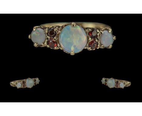 Antique Period 9ct Gold Opal and Garnet Set Ring, Gallery Setting. Full Hallmark to Interior of Shank, The Well Matched Opals