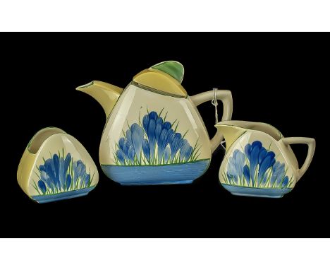 Clarice Cliff 1930's Hand Painted Three Piece 'Blue Crocus' Design Tea Set, 'Bizarre' range, comprises tea pot, sugar bowl an