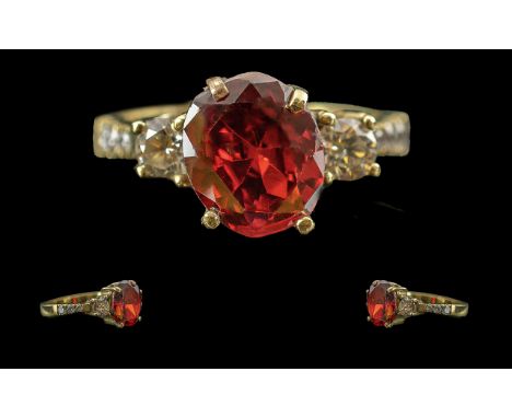 18ct Gold Pleasing 3 Stone Fire Opal and Diamond Set Ring. Full Hallmark to Interior of Shank. The Central Fire Opal of Good 