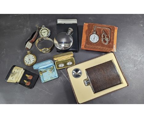 Assortment of Collectible Items, including boxed hip flask, boxed pocket watch, small hip flask and measure, three sets of cu