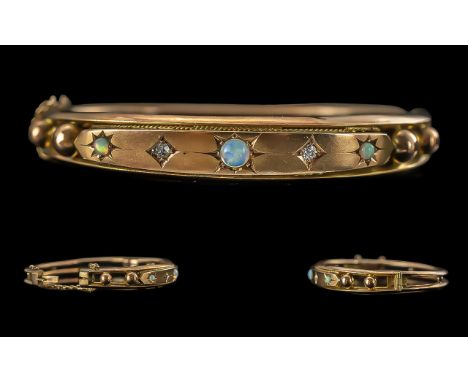 Victorian Period 1837 - 1901 Attractive 9ct Rose Gold Ornate Opal and Diamond Set Hinged Bangle with Safety Chain. Full Hallm