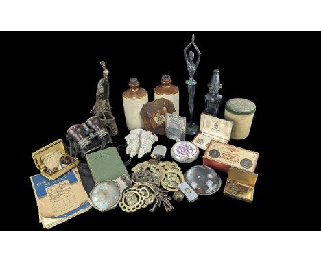 Box of Assorted Collectibles, including fire brasses, carved horn peacock, Degas style figure, stone water bottles, coral she