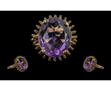 Ladies 9ct Gold Excellent Single Stone Amethyst Set Ring, full hallmark to interior of shank, the large faceted amethyst of p
