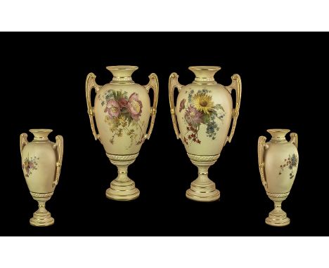 Royal Worcester Pair of Small Hand Painted Blush Ivory Urn Shaped Twin Handle Vases. Date 1896, Decorated with Hand Painted F