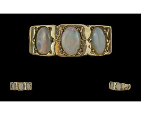 Ladies 9ct Gold - Attractive 3 Stone Opal Set Ring, Full Hallmark to Shank, Well Matched Opals of Good Colours. Ring Size L. 