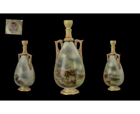 Royal Worcester Hand Painted Signed Twin Handled Vase 'Highland Cattle', signed John Stinton, date 1903, shape number 2317, h