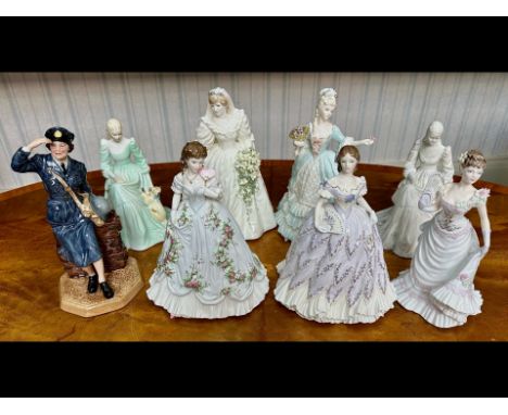 Collection of Eight Porcelain Figures, to include Royal Doulton Women's Auxiliary Air Force, Coalport 'Diana', Coalport 'Lill
