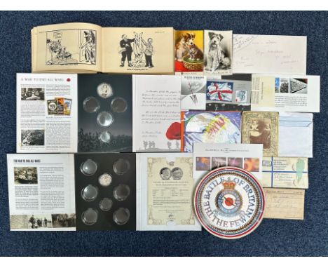 Collection of Wartime Memorabilia, including The Battle of Britain cabinet plate, Law's War Cartoon Book, collectible coins, 