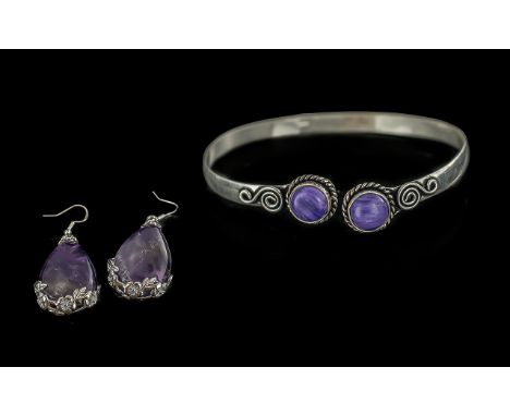 Silver Amethyst Set Bangle &amp; Earrings, large teardrop shaped earrings, bangle set with two stones.