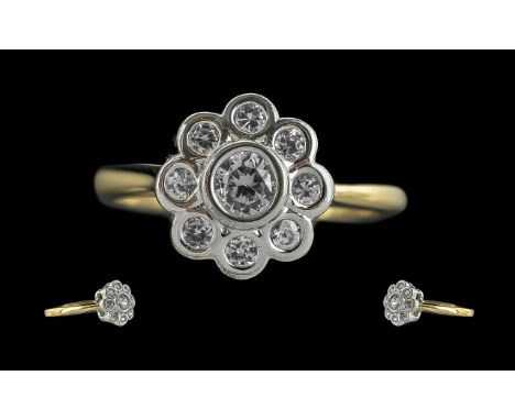 Ladies - 18ct Gold Attractive Diamond Set Cluster RIng. flower head setting. not marked but tests 18ct. the well matched pave