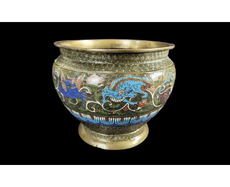 An Oriental Bronze Jardiniere with Enamel Decoration.  7.5'' high, 8.75'' diameter.