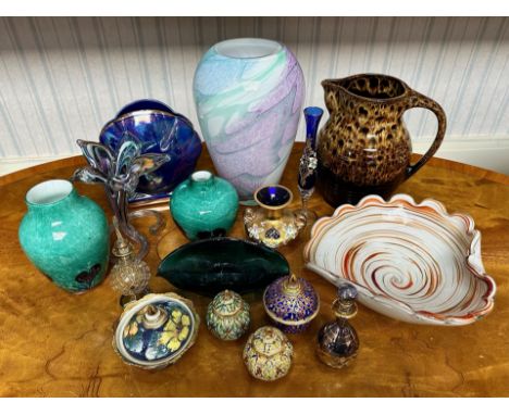 Caithness Glass Vase, 11'' tall in pastel shades, together with a collection of small decorative glass dressing table items, 