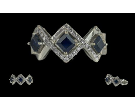 Ladies 18ct White Gold Sapphire and Diamond Set Contemporary Ring - Marked 750 To Interior of Shank. Diamonds and Sapphires o