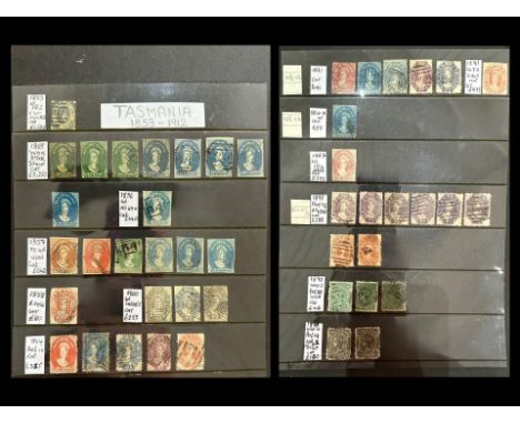 Stamp Interest - Australia States - Tasmania Mint or Used 176 Stamps Collection From 1853 To 1912 On 7 Hagners. 1853 Cut Squa