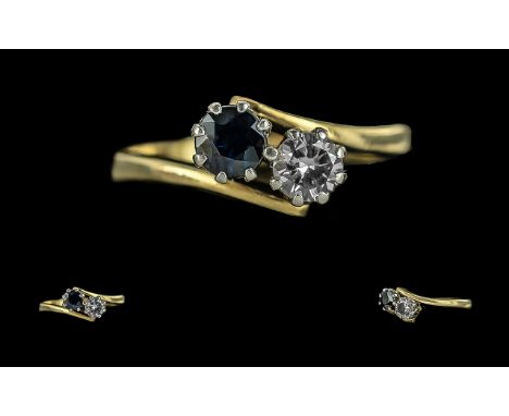 Ladies 18ct Gold Two Stone Diamond and Sapphire Set Dress Ring, Marked 18ct to Interior of Shank, The Blue Sapphire and Round