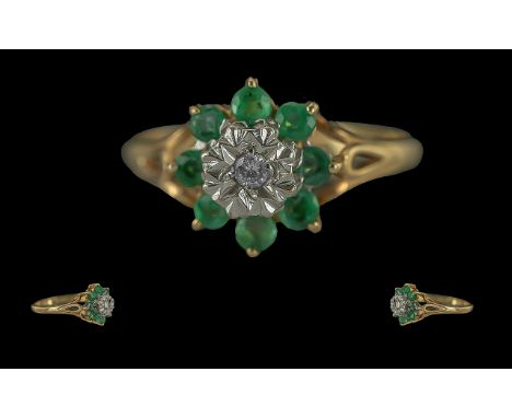 Ladies 9ct Gold Emerald and Diamond Set Dress Ring, Emeralds of Good Colour. Ring Size L. Shank / Setting Good Condition. 