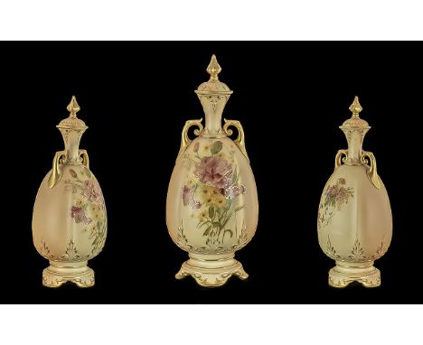 Royal Worcester Handpainted Blush Ivory Twin Handled Lidded Vase - With Painted Images Of Spring Flowers To Body Of Vase. Emb
