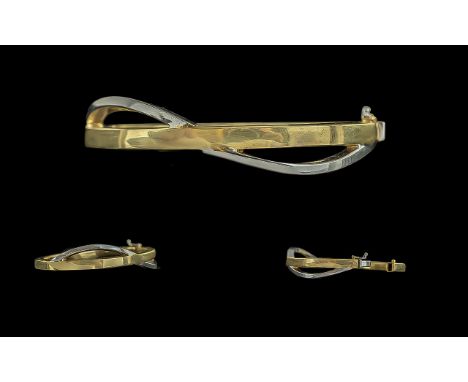 Ladies - Contemporary 14ct Two Tone Gold Hinged Bangle, Marked 14ct, Stylish Design. Gold Weight 18.7 grams. 