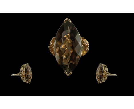 Ladies 9ct Gold Single Stone Smoky Topaz Set Statement Ring, Full Hallmark to Shank. The Large Boat Shaped Faceted Topaz of P