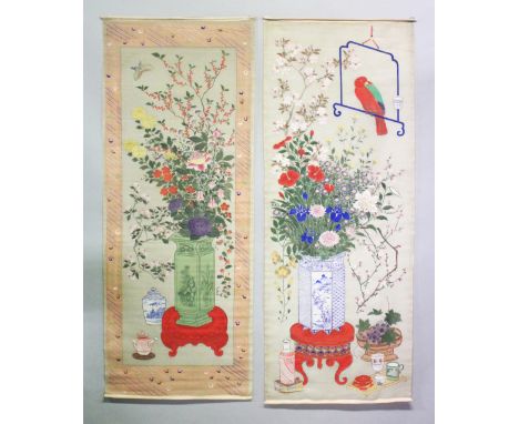 TWO EARLY 20TH CENTURY CHINESE PAINTINGS ON SILK, each painted in vibrant colours with a scene of a vase of flowers, one pain