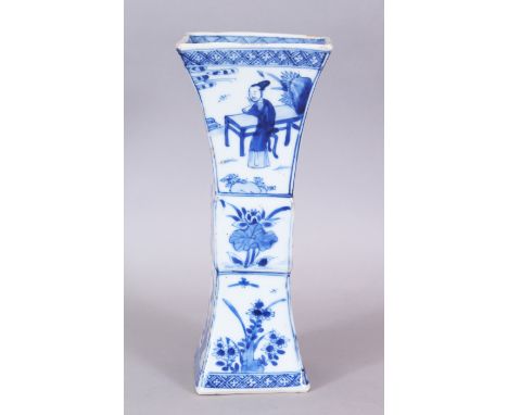 A GOOD QUALITY CHINESE KANGXI PERIOD BLUE &amp; WHITE SQUARE-SECTION PORCELAIN GU VASE, circa 1700, painted with various pane