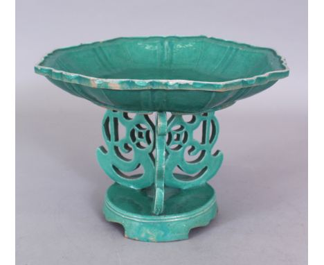 A VERY UNUSUAL 18TH/19TH CENTURY BISCUIT GLAZED OCTAGONAL PORCELAIN DISH ON STAND, possibly Kangxi period, the glaze of a gre