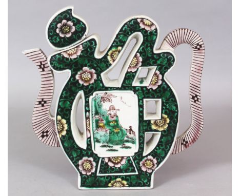 A 20TH CENTURY CHINESE FAMILLE VERTE FU CHARACTER PORCELAIN TEAPOT &amp; COVER, each side painted with a small panel of a sea