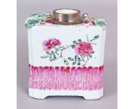 A CHINESE YONGZHENG PERIOD FAMILLE ROSE PORCELAIN TEA CADDY, fitted with a silver-metal neck, the sides painted with loose fl