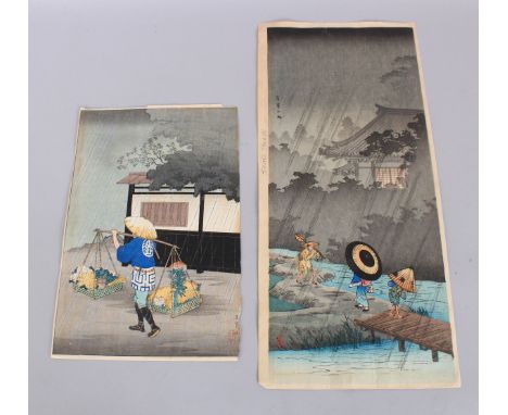 A JAPANESE MEIJI PERIOD WOODBLOCK PRINT, attributed on the margin to Shotei Takahashi, depicting villagers in a rain storm ne
