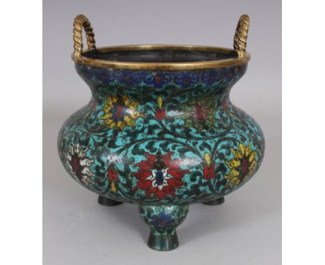 A GOOD CHINESE MING STYLE CLOISONNE TRIPOD CENSER, possibly early, decorated with formal scrolling lotus reserved on a turquo