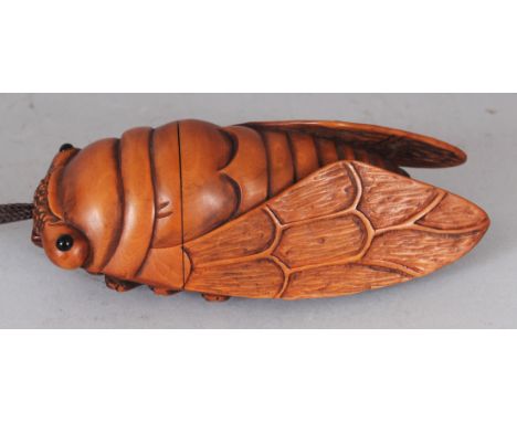 A SIGNED GOOD QUALITY JAPANESE ONE CASE BOXWOOD INRO, the inro carved in the form of a cicada, the matching netsuke and ojime
