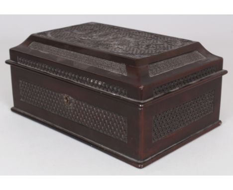 A GOOD QUALITY 19TH CENTURY CHINESE WOOD &amp; PEWTER TEA CADDY CASKET, the hinged wood cover finely carved with a panel of p